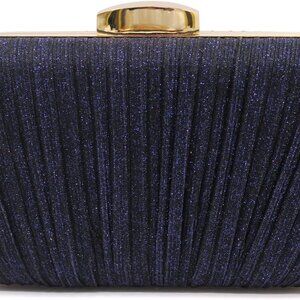 Elegant Navy Evening Clutch with Pleated Glitter & Chain - Perfect for Weddings